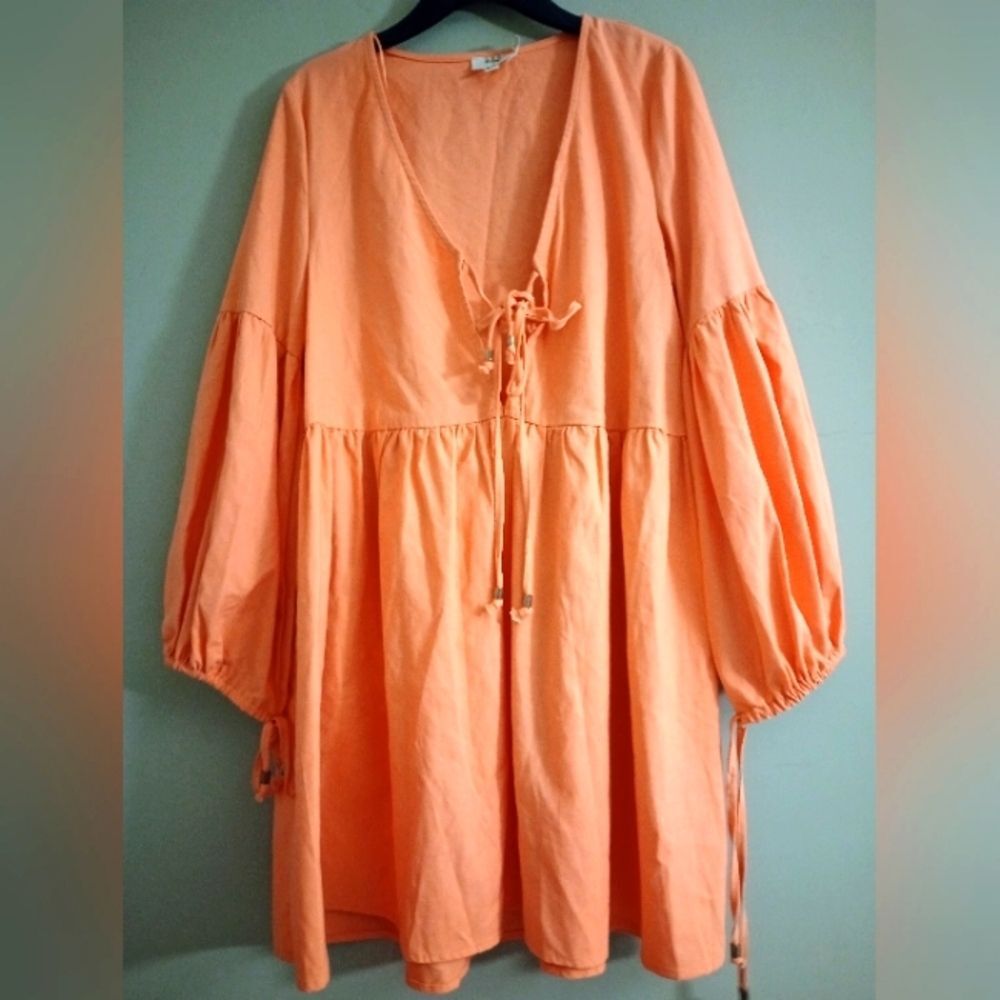 Zya Peach Color BoHo Lagenlook Balloon Sleeve Dress Tunic Size 2